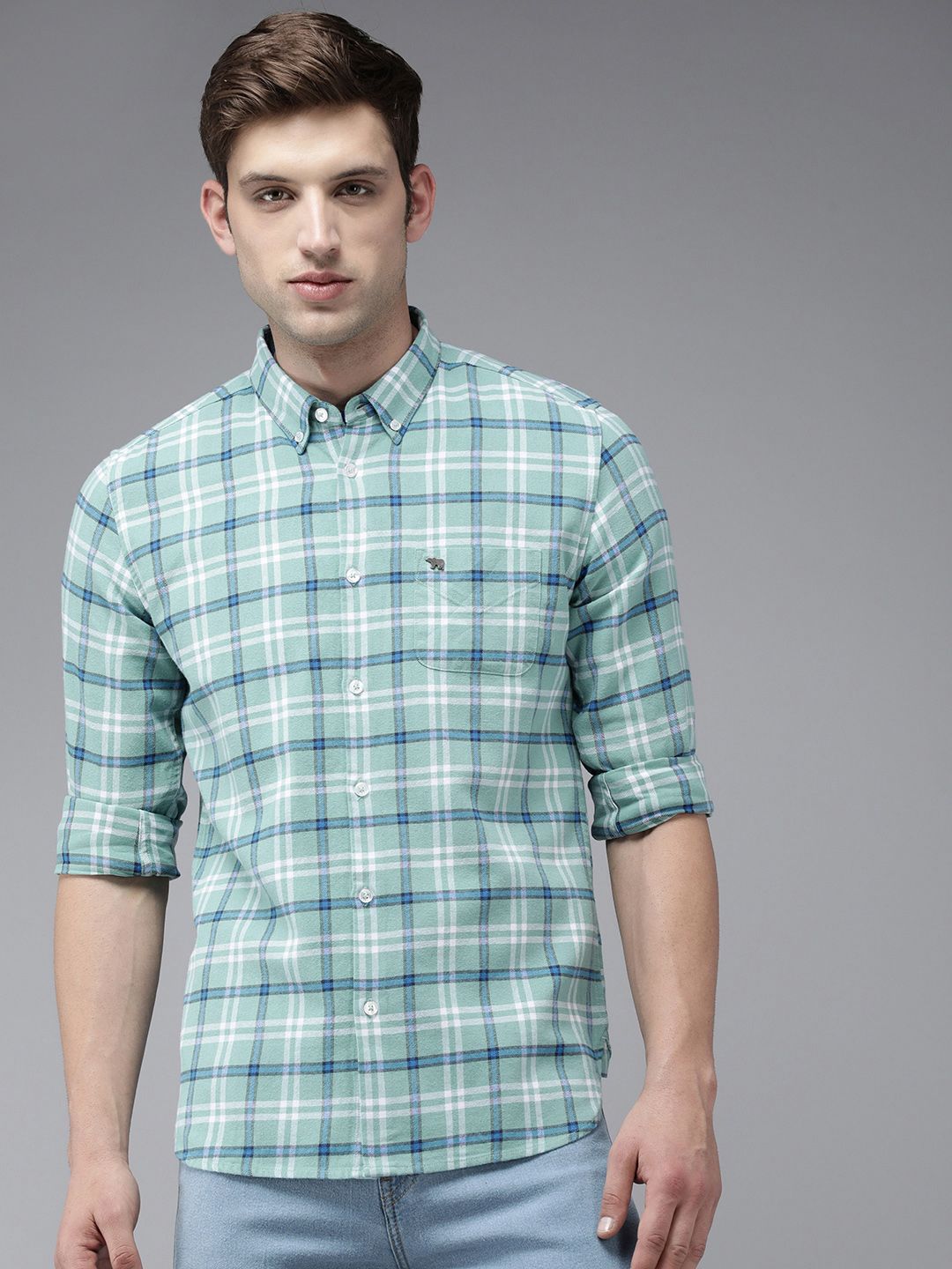THE BEAR HOUSE Men Blue Slim Fit Tartan Checks Checked Casual Shirt-image-2