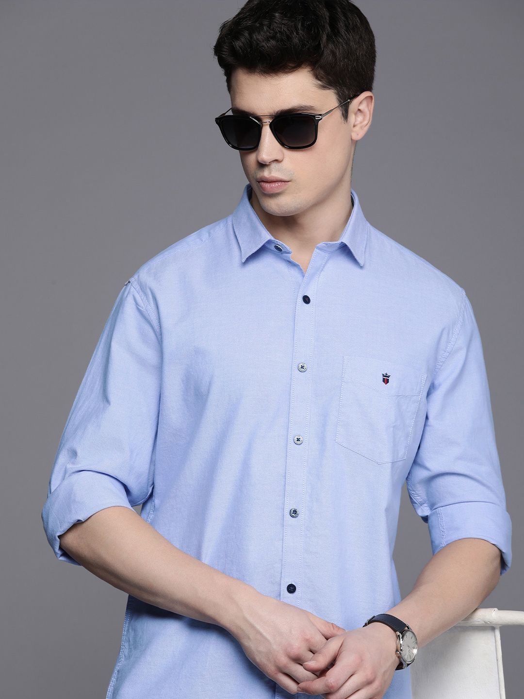 Louis Philippe Blue Cotton Slim Fit Formal Shirt