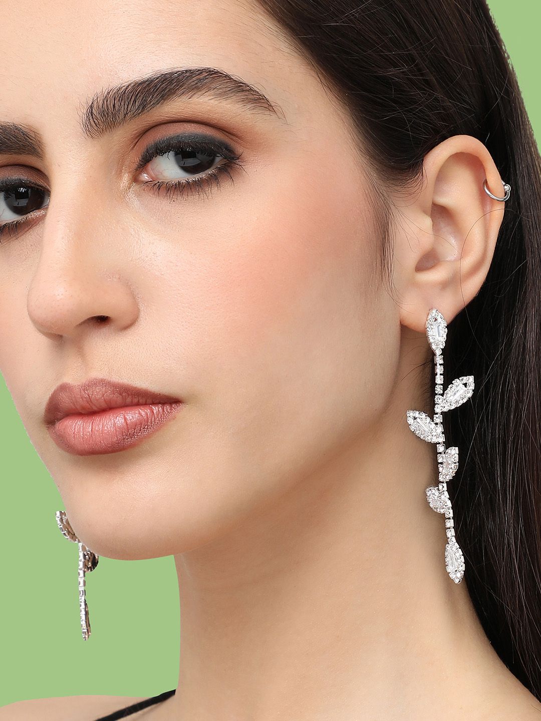 SOHI Silver-Plated Stone Studded Contemporary Drop Earrings-picture-39