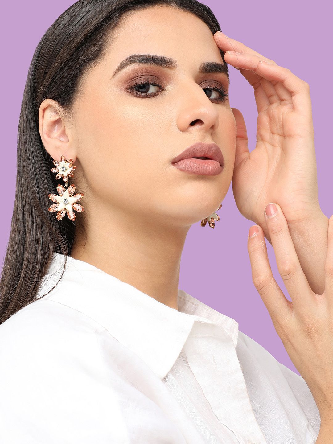 SOHI Gold-Plated Floral Stone Studded Drop Earrings-picture-40