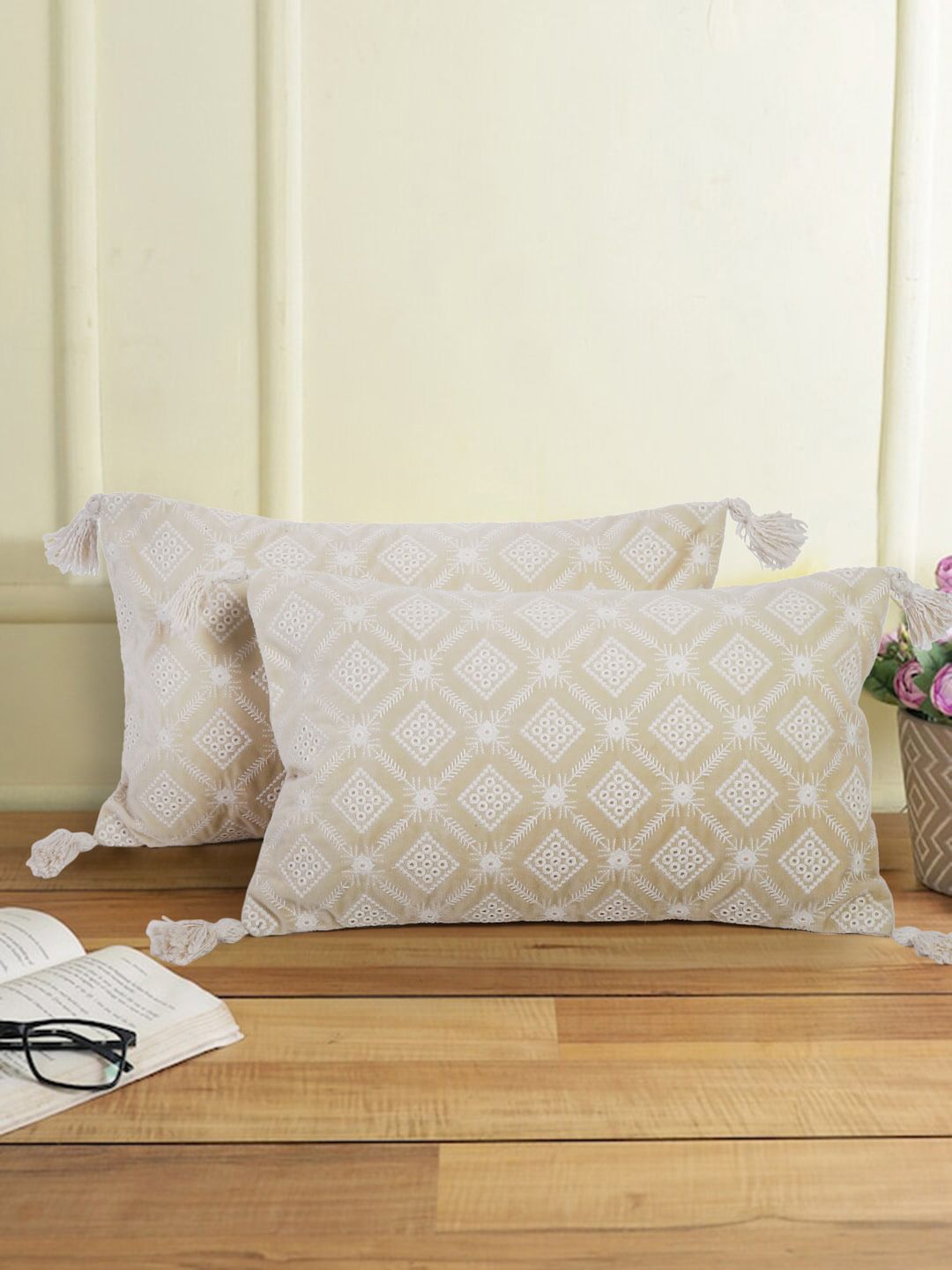 eyda Beige & Cream 2 Pieces Embroidered Velvet Rectangle Cushion Covers-picture-38