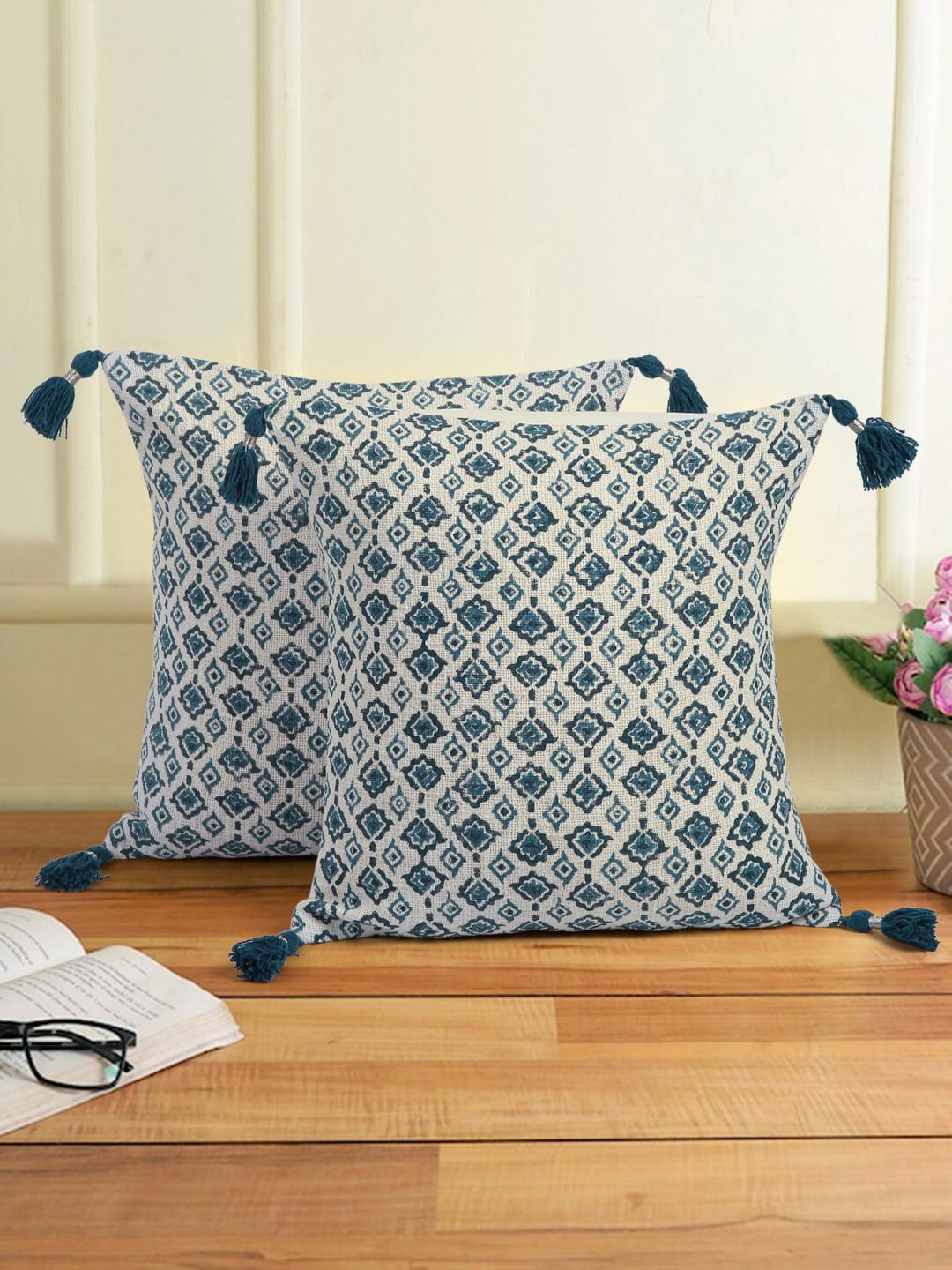 eyda White & Blue 2 Pcs Ethnic Motif Hand Block Cotton Square Cushion Covers-picture-36