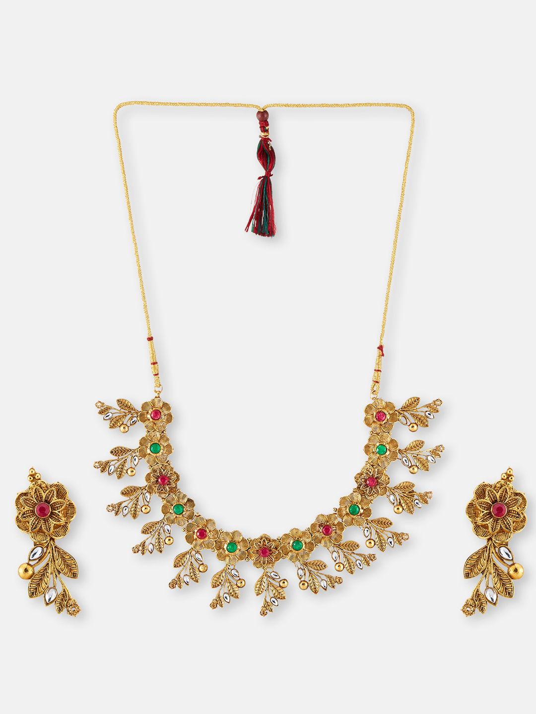 ATIBELLE Gold-Plated Stone-Studded & Beaded Floral Shaped Jewellery Set