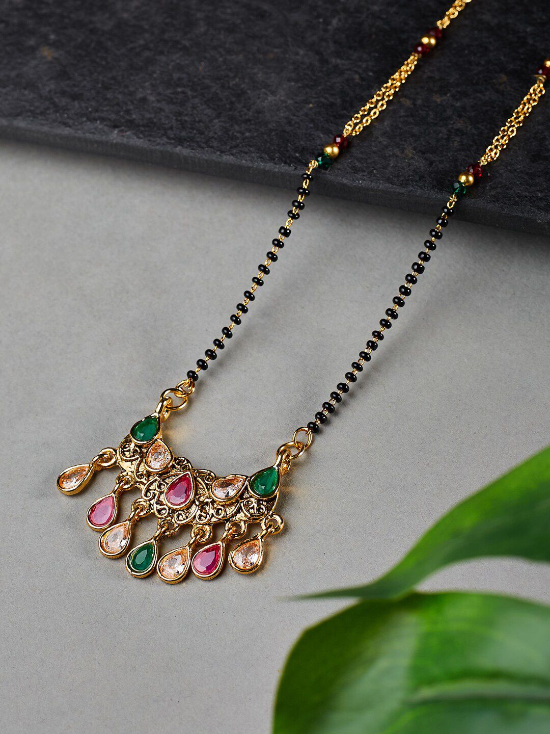 ATIBELLE Gold-Plated Stone-Studded & Beaded Mangalsutra