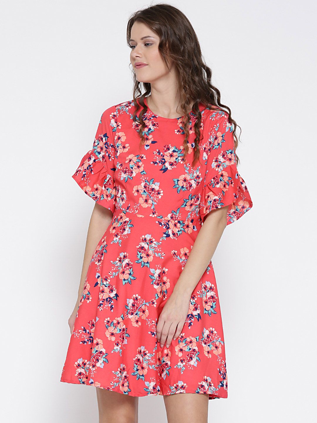 Sera Women Coral Red Floral Print Fit & Flare Dress-image-4