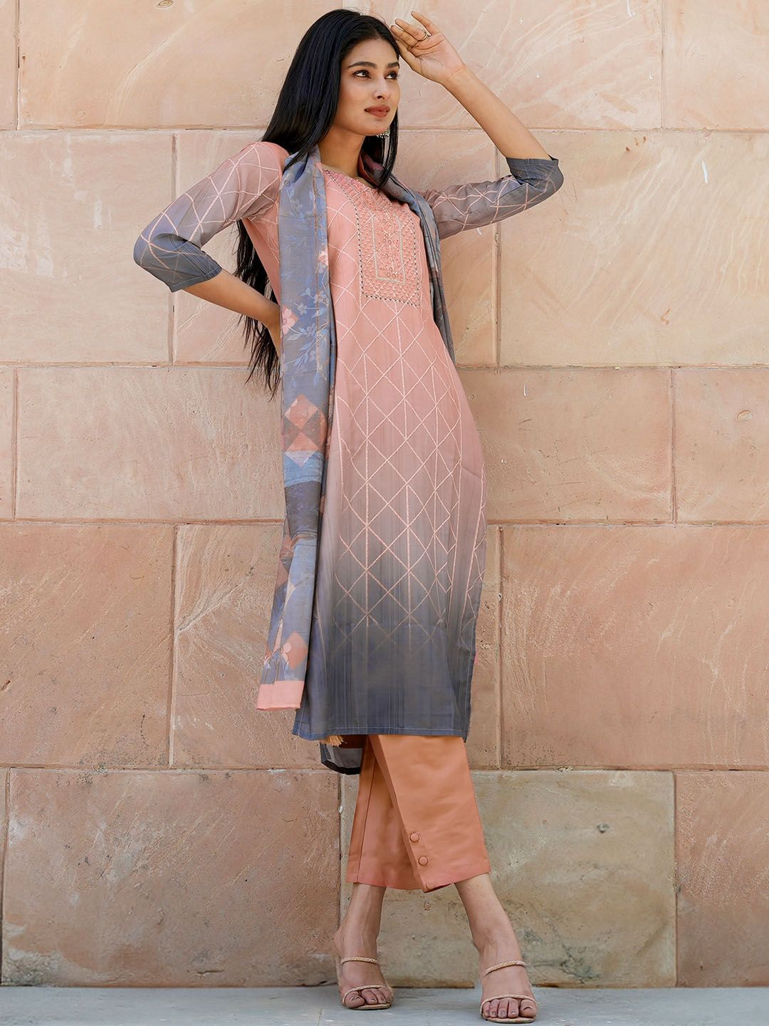 Libas Women Peach-Coloured Floral Yoke Design Thread Work Kurta with Trousers & With Dupatta-image-27