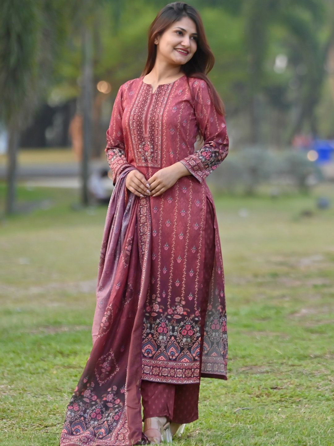 Libas Women Maroon Floral Printed Kurta with Trousers & With Dupatta