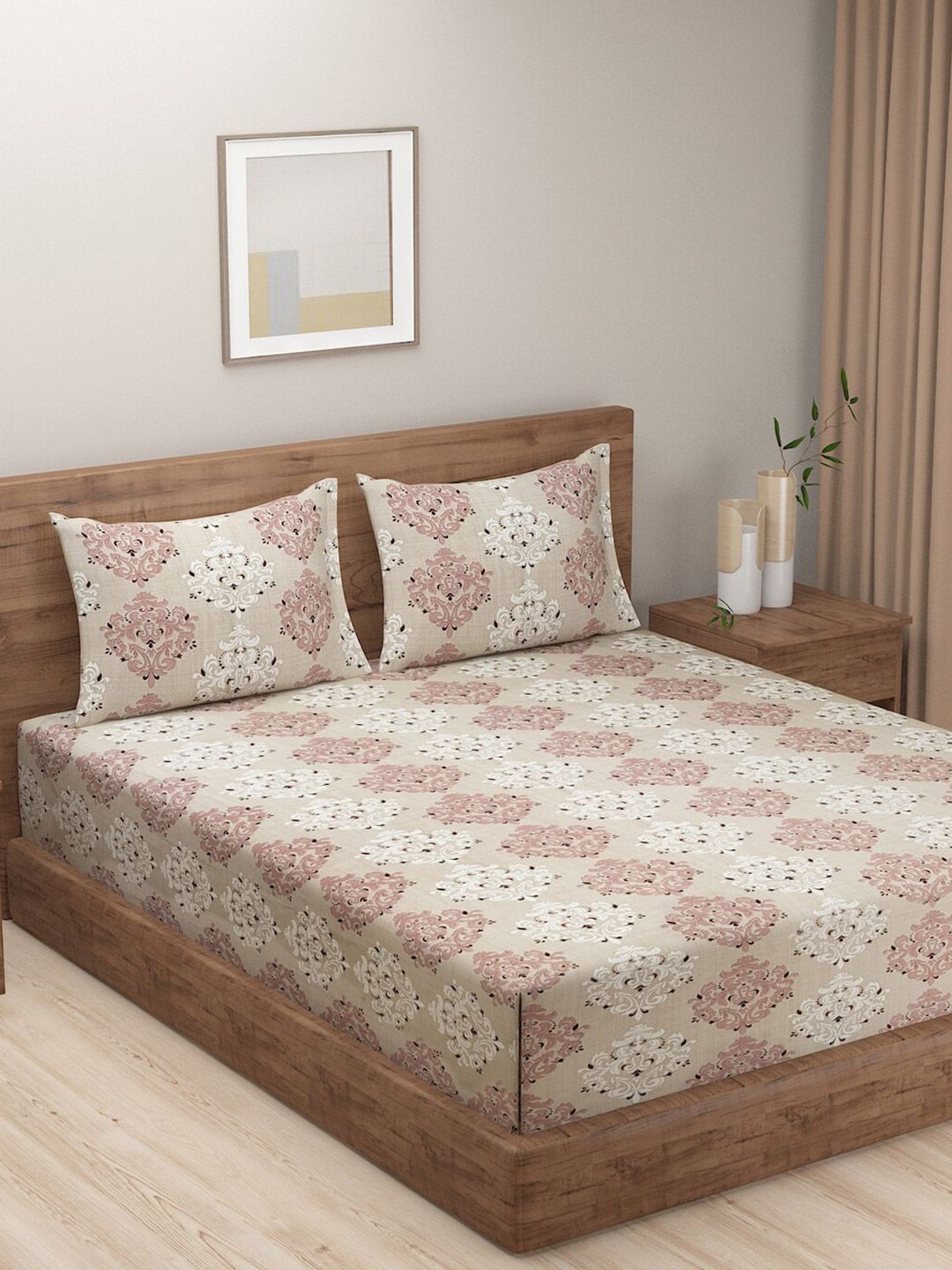 SWAYAM Prakriti Grey & Pink Ethnic Motifs 144 TC Flat Queen Bedsheet with 2 Pillow Covers-image-12
