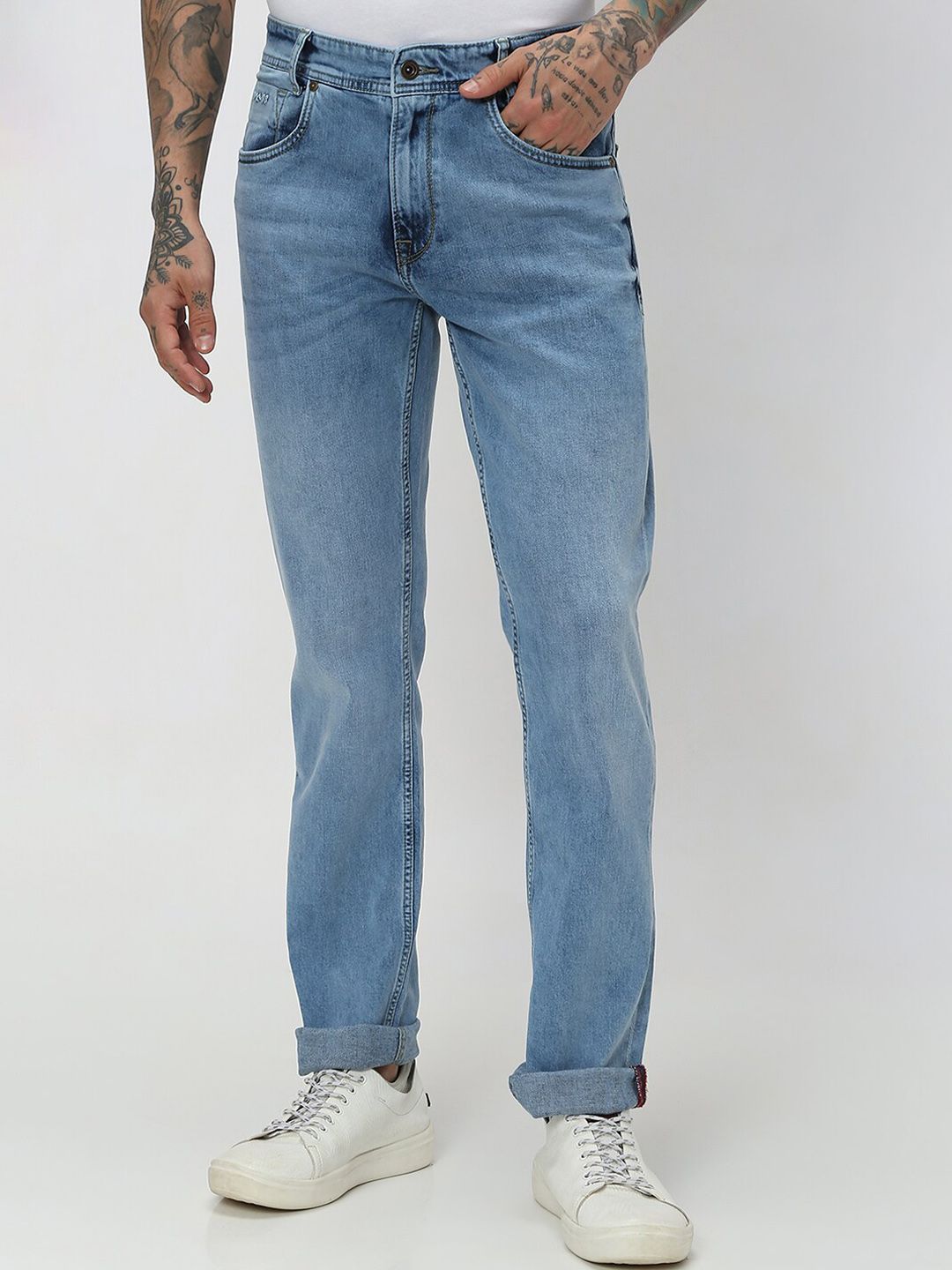 Men's Blue Solid Straight Fit Low-Rise Heavy Fade Acid Wash Stretchable Jeans