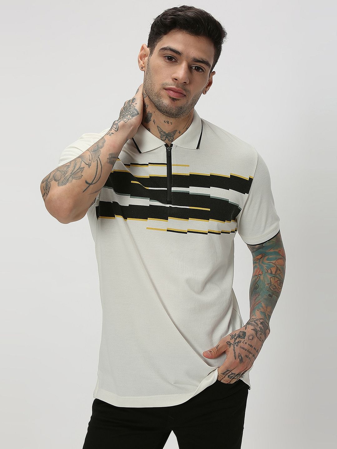 Mufti Men Striped Polo Collar Slim Fit Pure Cotton T-shirt-image-26