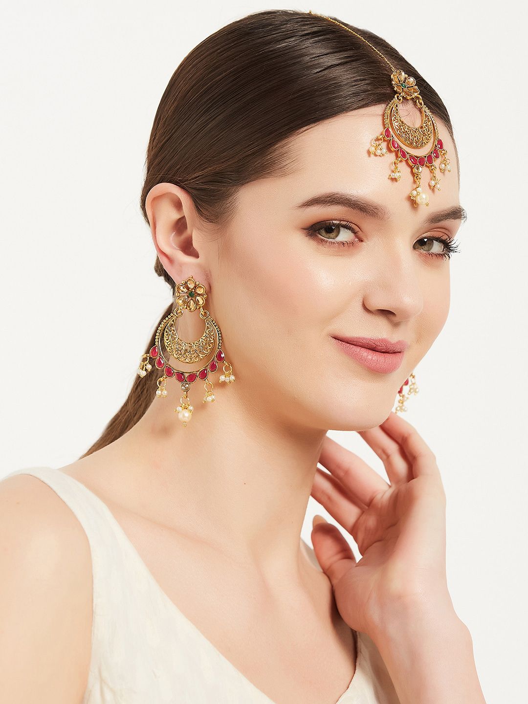 ATIBELLE Copper-Plated Floral Maroon Stone-Studded Maang Tika-Earrings Set