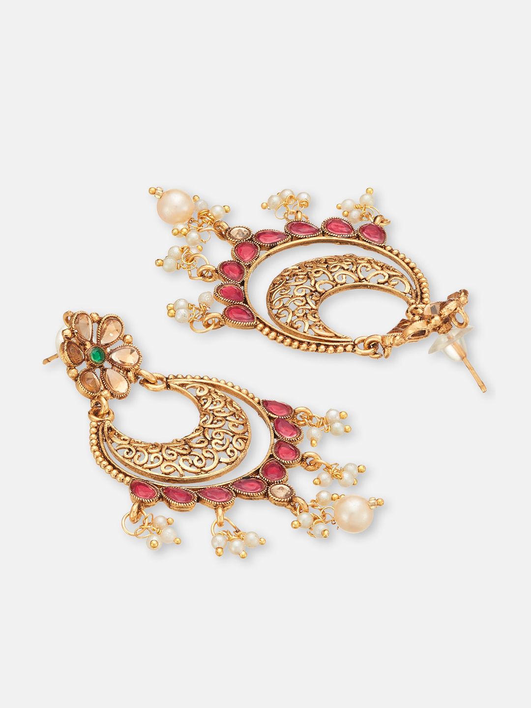 ATIBELLE Copper-Plated Floral Maroon Stone-Studded Maang Tika-Earrings Set