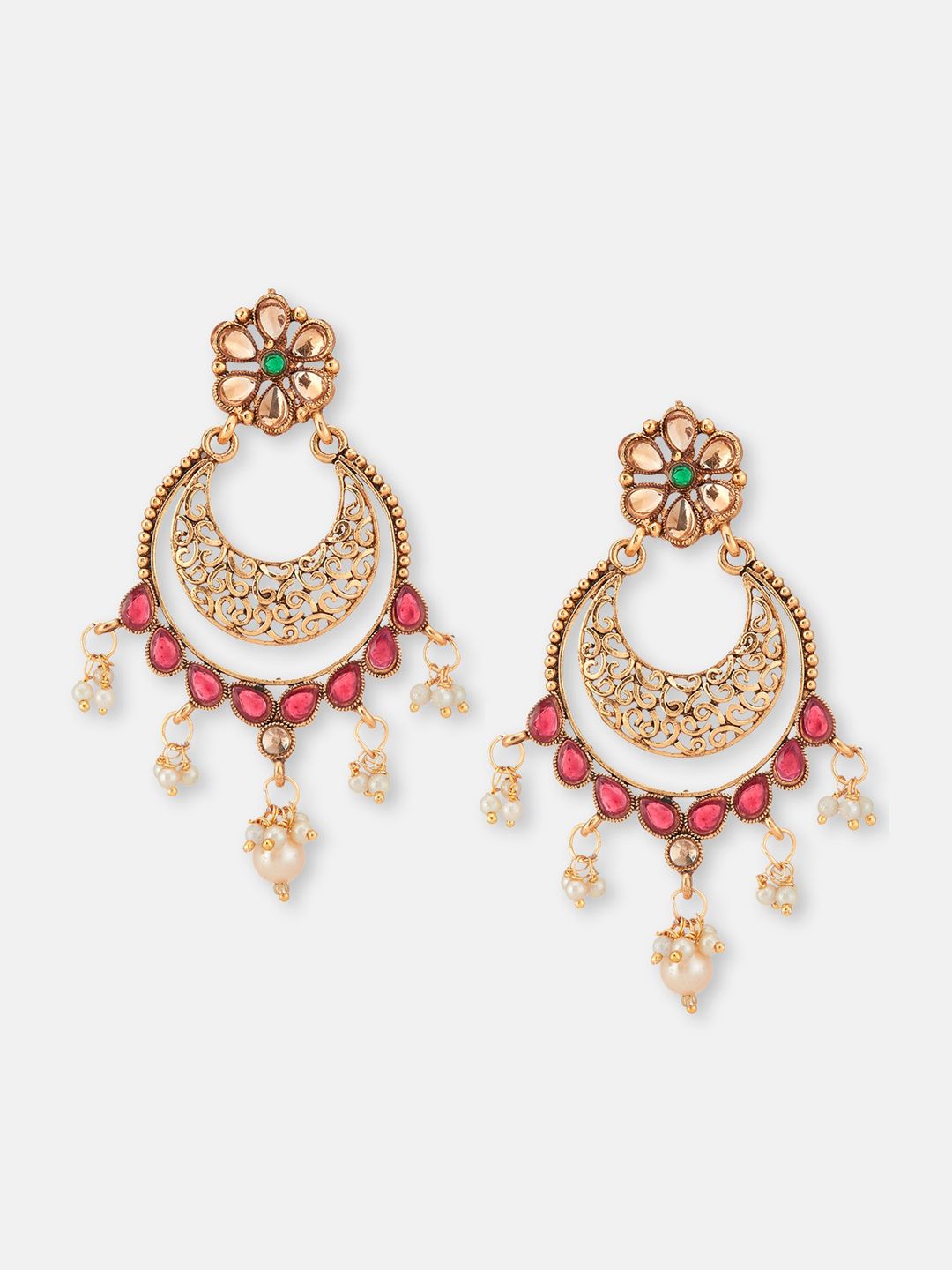 ATIBELLE Copper-Plated Floral Maroon Stone-Studded Maang Tika-Earrings Set
