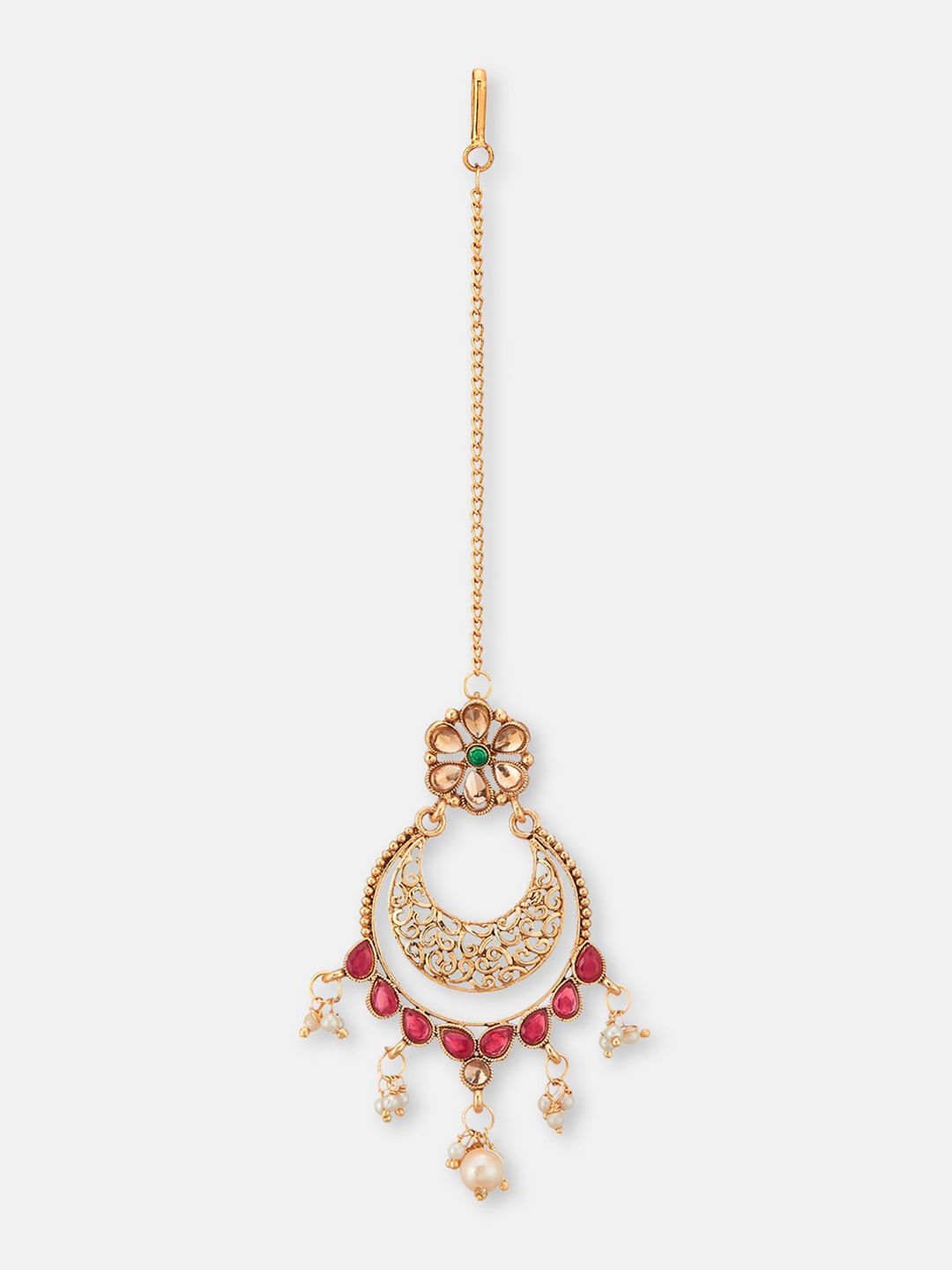 ATIBELLE Copper-Plated Floral Maroon Stone-Studded Maang Tika-Earrings Set