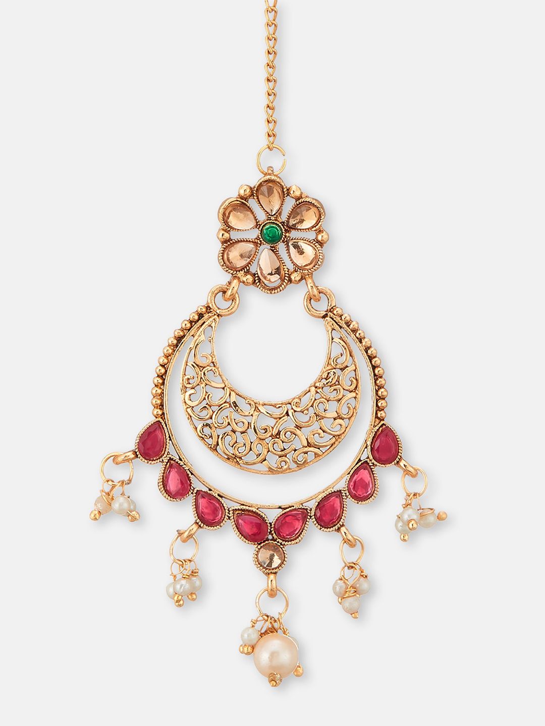 ATIBELLE Copper-Plated Floral Maroon Stone-Studded Maang Tika-Earrings Set