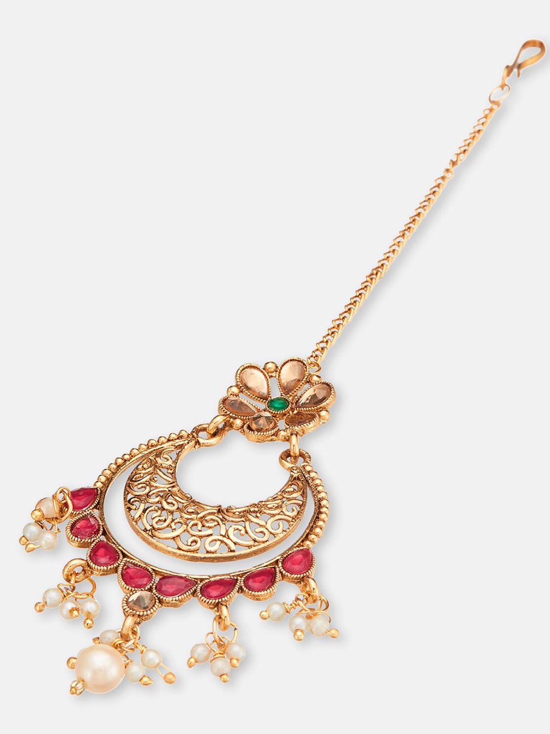 ATIBELLE Copper-Plated Floral Maroon Stone-Studded Maang Tika-Earrings Set