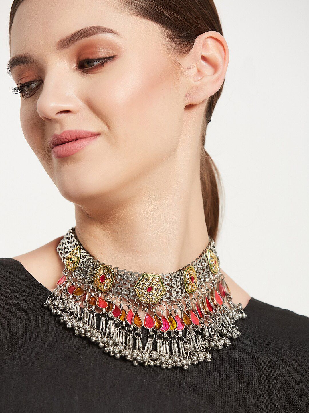 ATIBELLE German Silver-Plated Kundan Studded Necklace