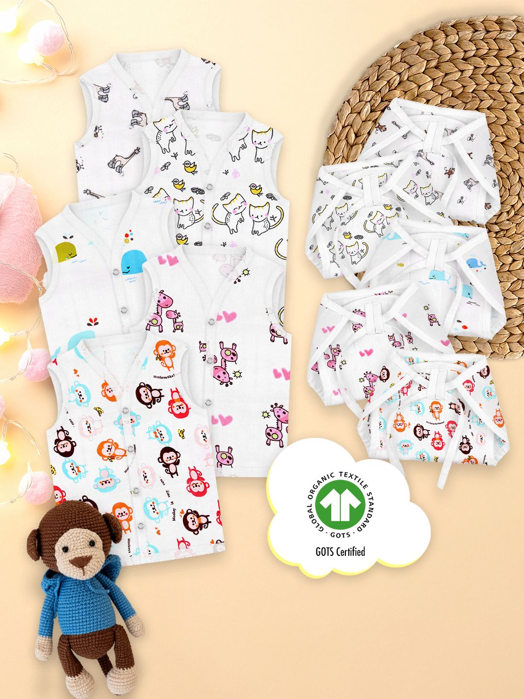 Moms Home Infants Set Of 5 Printed Organic Cotton Muslin Jhabla With Nappy-picture-11