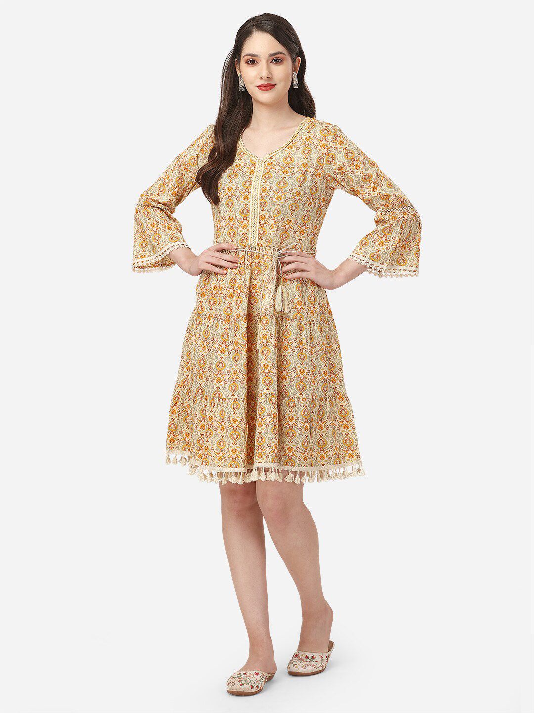 Buy Bitterlime Yellow & White Floral Georgette Dress