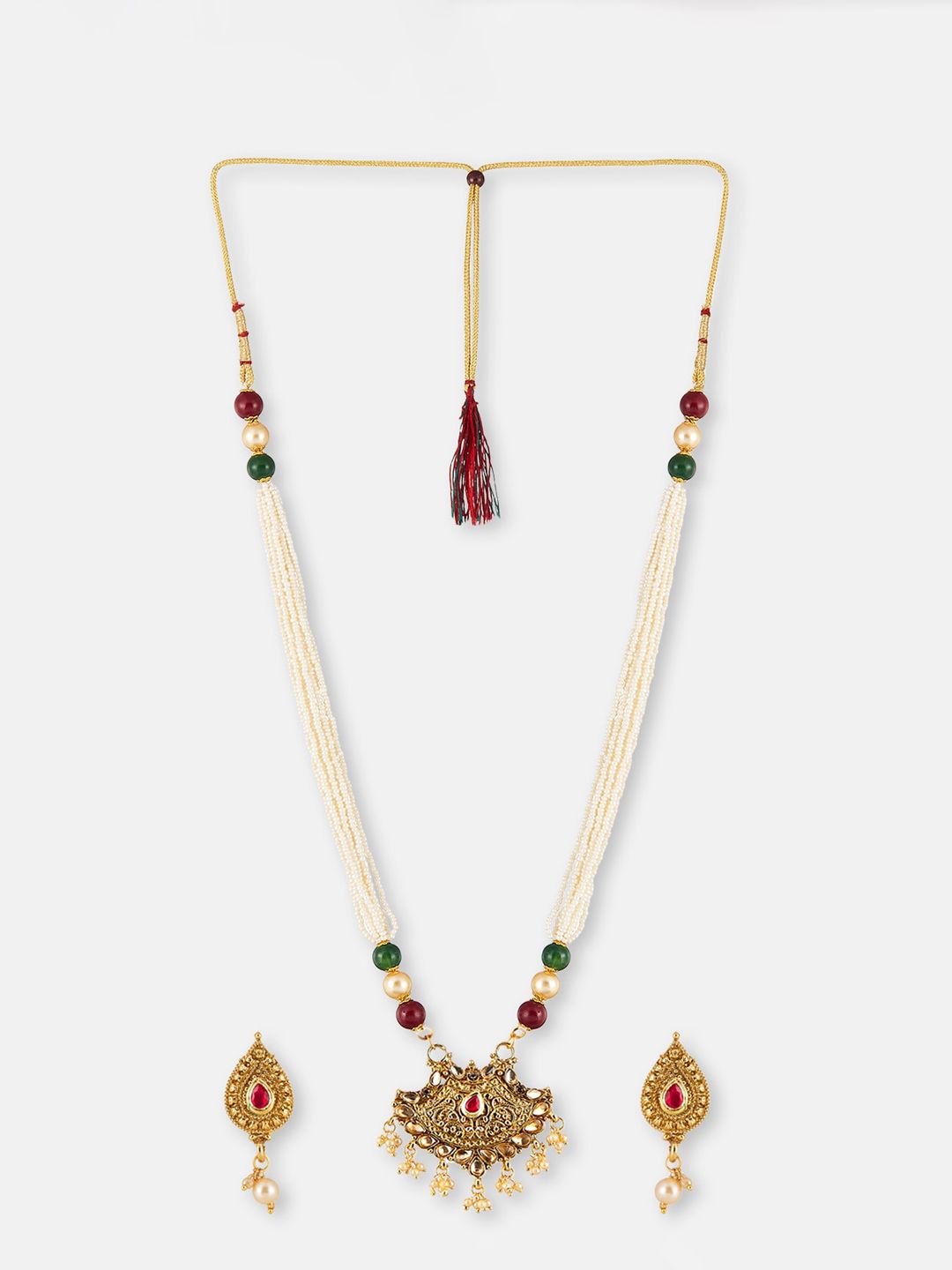 ATIBELLE Gold-Plated Stone-Studded & Pearl Beaded Jewellery Set
