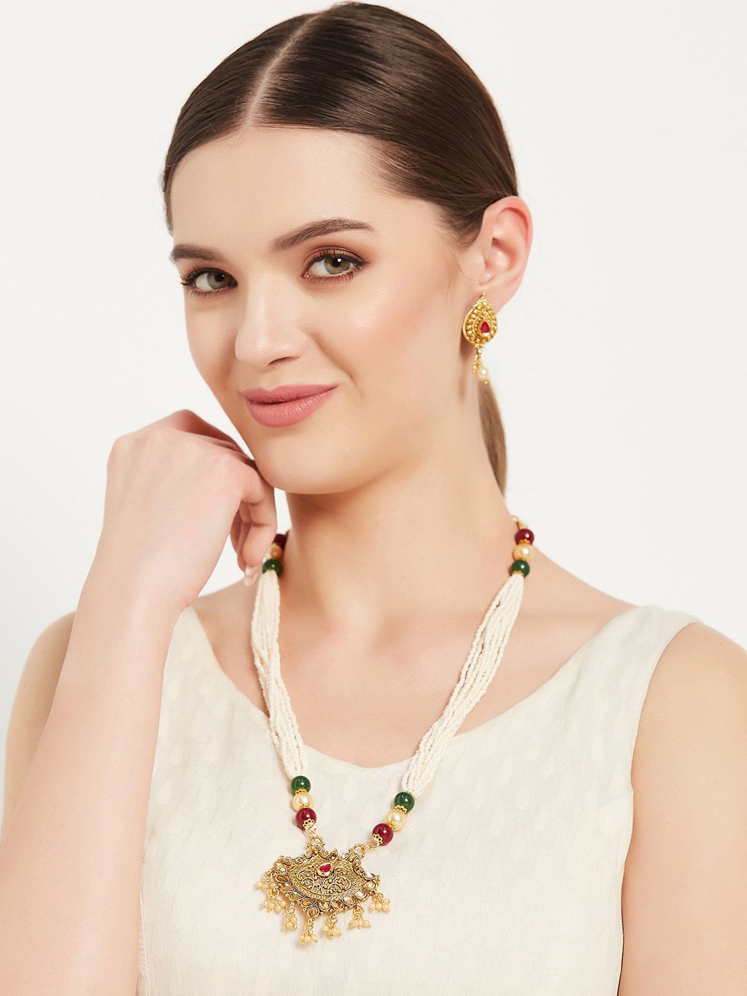 ATIBELLE Gold-Plated Stone-Studded & Pearl Beaded Jewellery Set