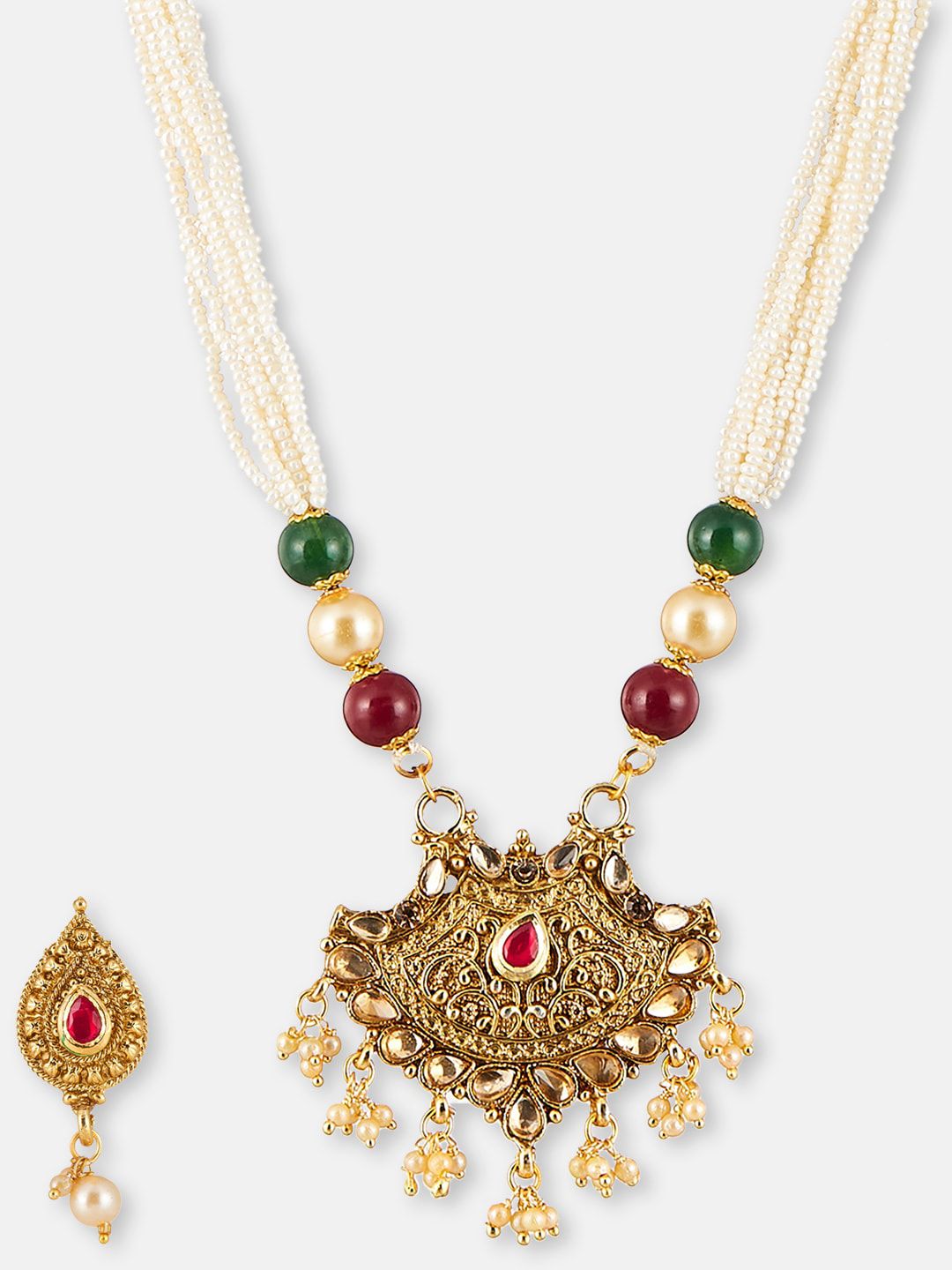 ATIBELLE Gold-Plated Stone-Studded & Pearl Beaded Jewellery Set