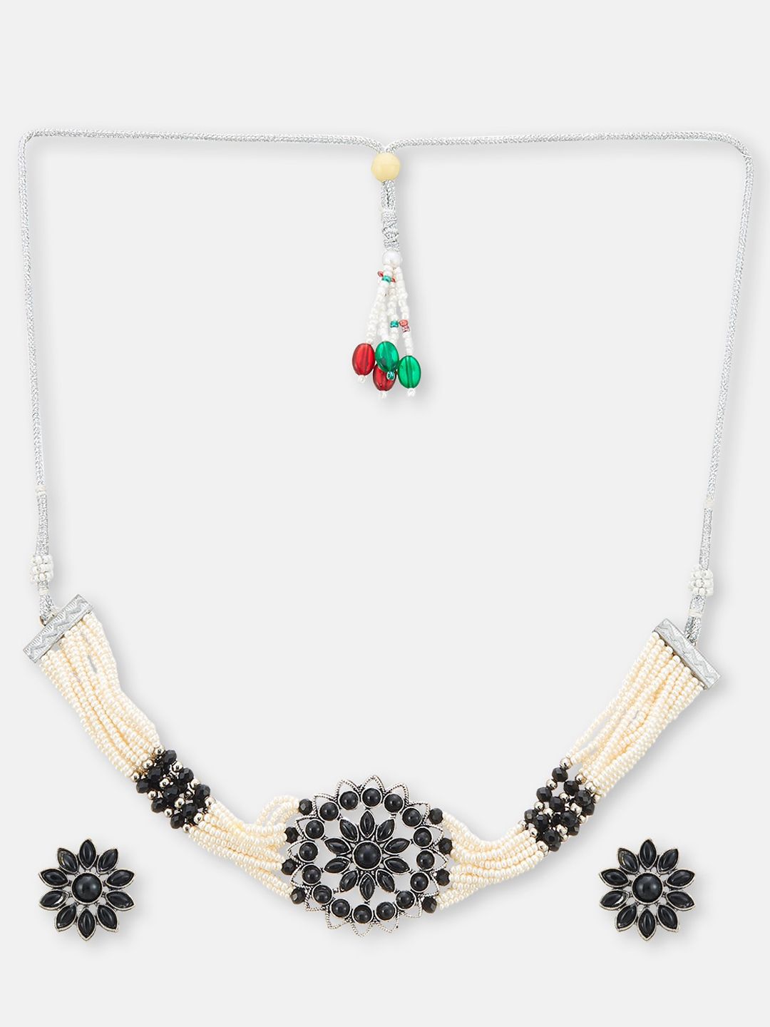 ATIBELLE Silver-Plated Floral Stone-Studded & Beaded Choker Necklace Set