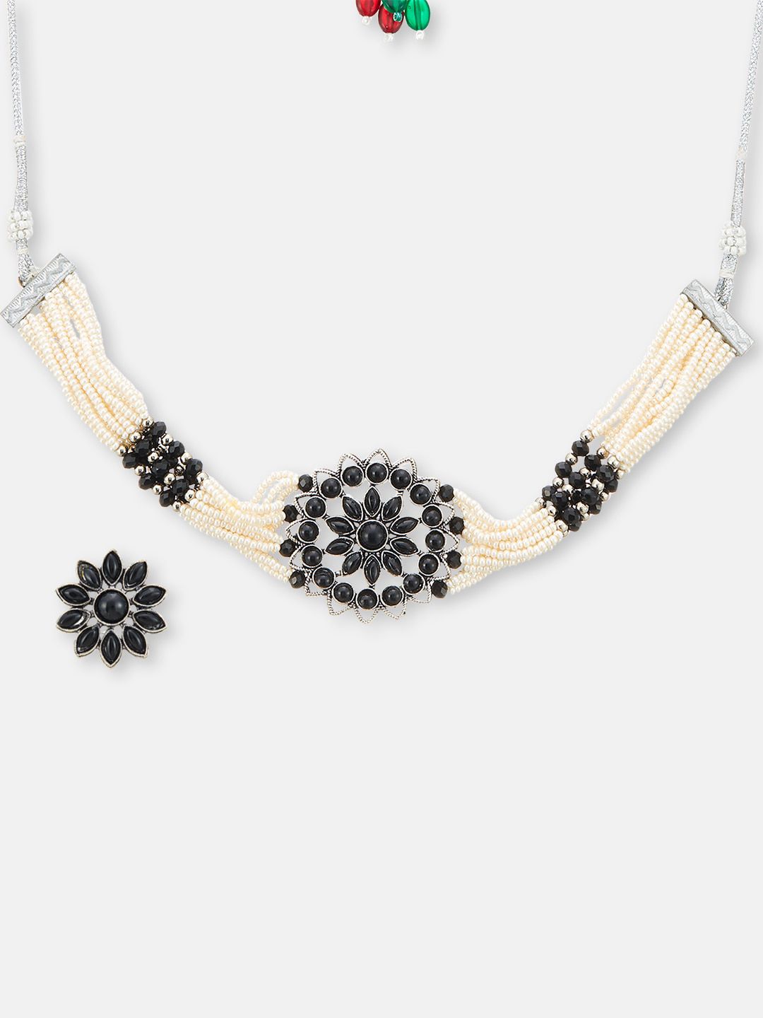ATIBELLE Silver-Plated Floral Stone-Studded & Beaded Choker Necklace Set