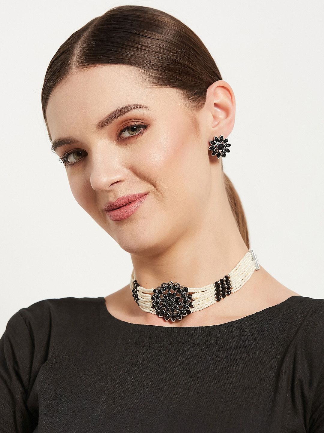 ATIBELLE Silver-Plated Floral Stone-Studded & Beaded Choker Necklace Set