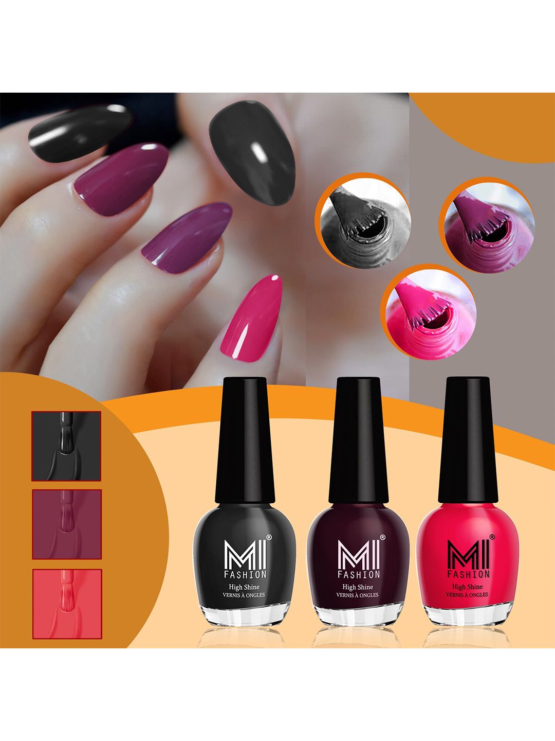 MI FASHION Set of 3 High Shine Long-Lasting Nail Lacquer 15 ml Each -Jet Black 703 - Wine Maroon 744 - Carrot Red 717-picture-41