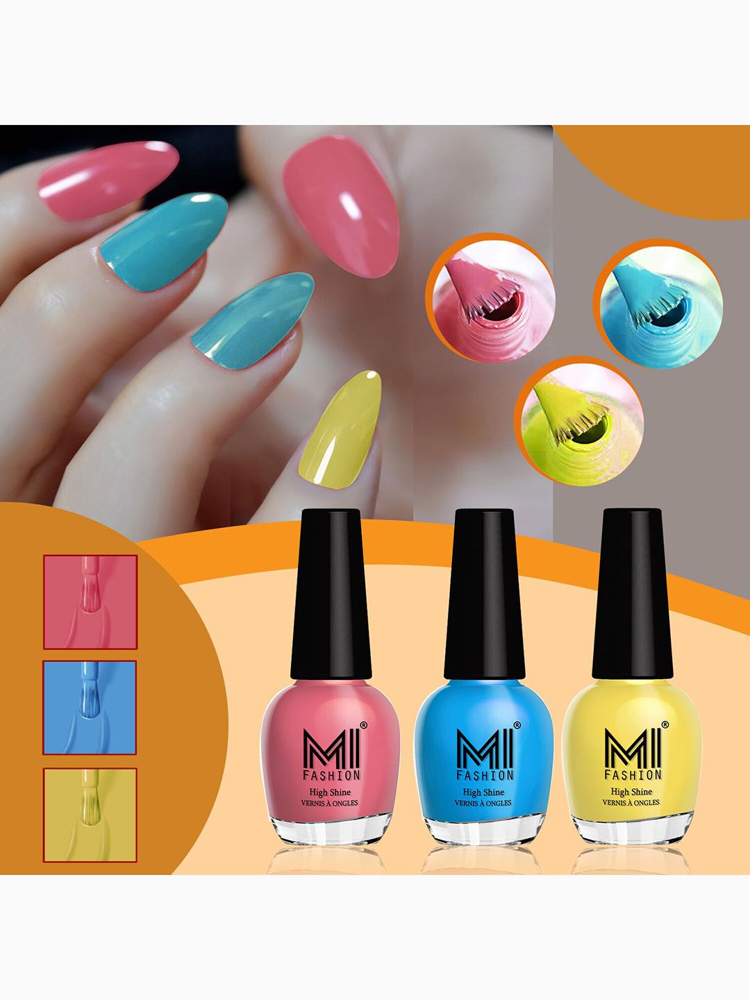 MI FASHION Set of 3 High Shine Long-Lasting Nail Lacquer 15 ml Each -Candy Cotton 723 - Ocean Blue 725 - Yellow 729-picture-35
