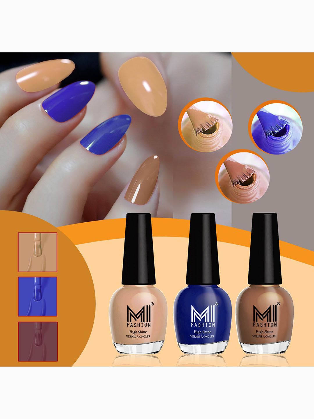 MI FASHION Set of 3 High Shine Long-Lasting Nail Lacquer 15 ml Each -Sweet Nude 765 - Royal Blue 766 - Dark Nude 722-picture-36