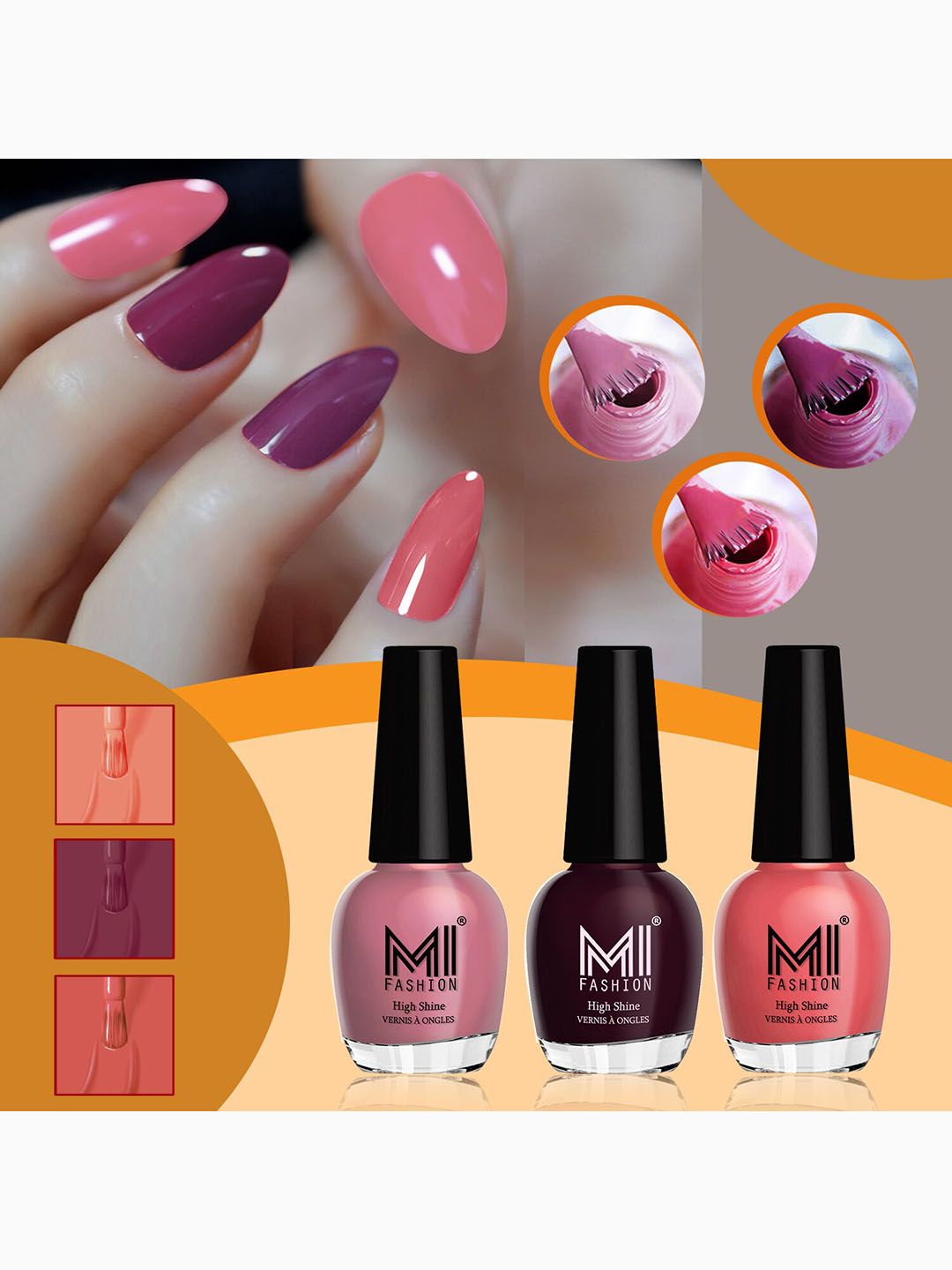 MI FASHION Set of 3 High Shine Long-Lasting Nail Lacquer 15 ml Each -Nude Spring 739 - Wine Maroon 744 - Peach Crush 749-picture-33