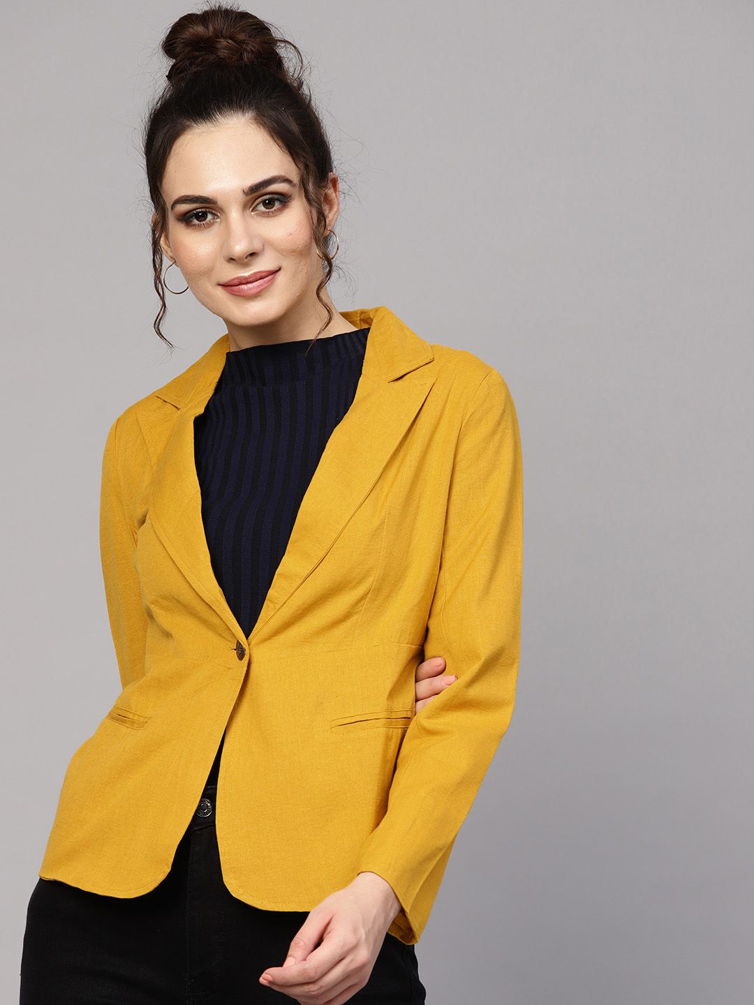 SASSAFRAS Women Mustard Yellow Solid Single-Breasted Blazer
