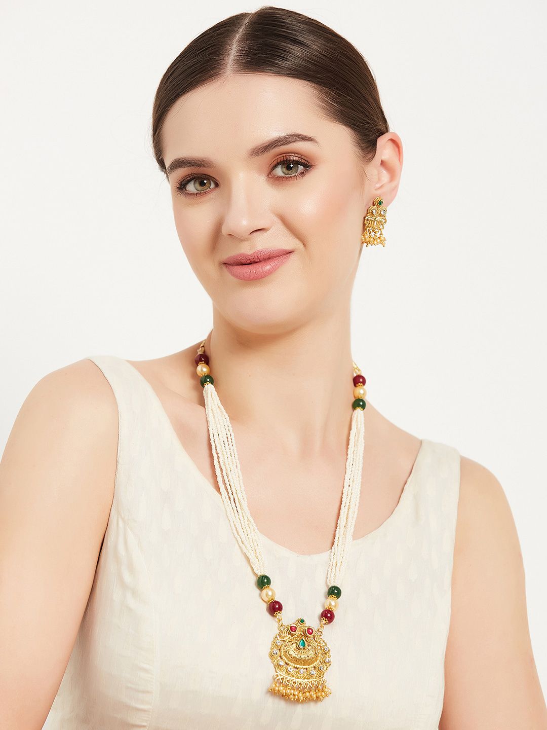 ATIBELLE Gold-Plated Stone Studded & Beaded Jewellery Set