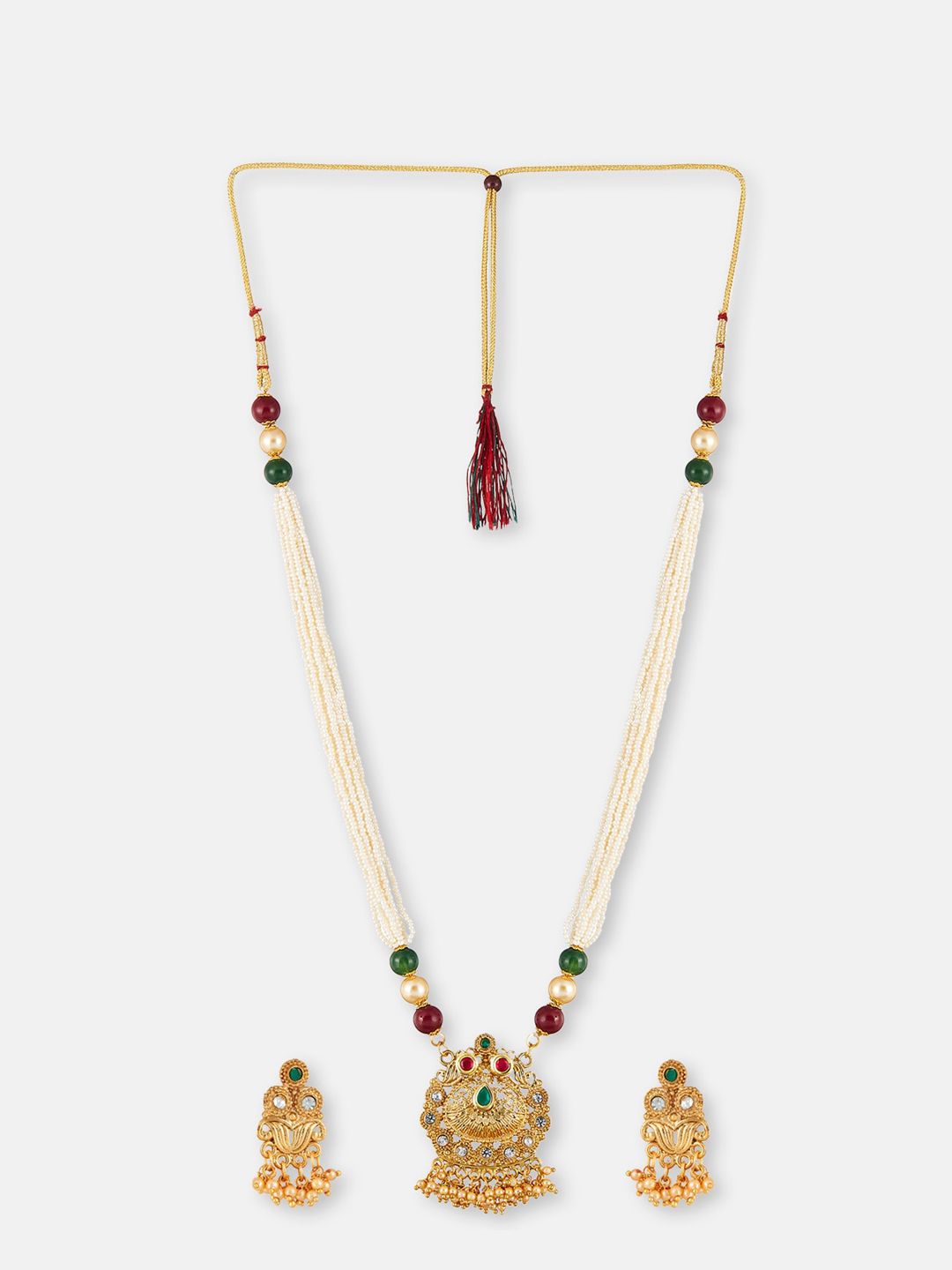 ATIBELLE Gold-Plated Stone Studded & Beaded Jewellery Set