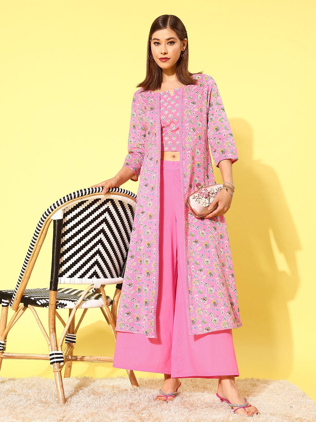 HERE&NOW Women Pink Floral Printed Regular Pure Cotton Kurta with Palazzos