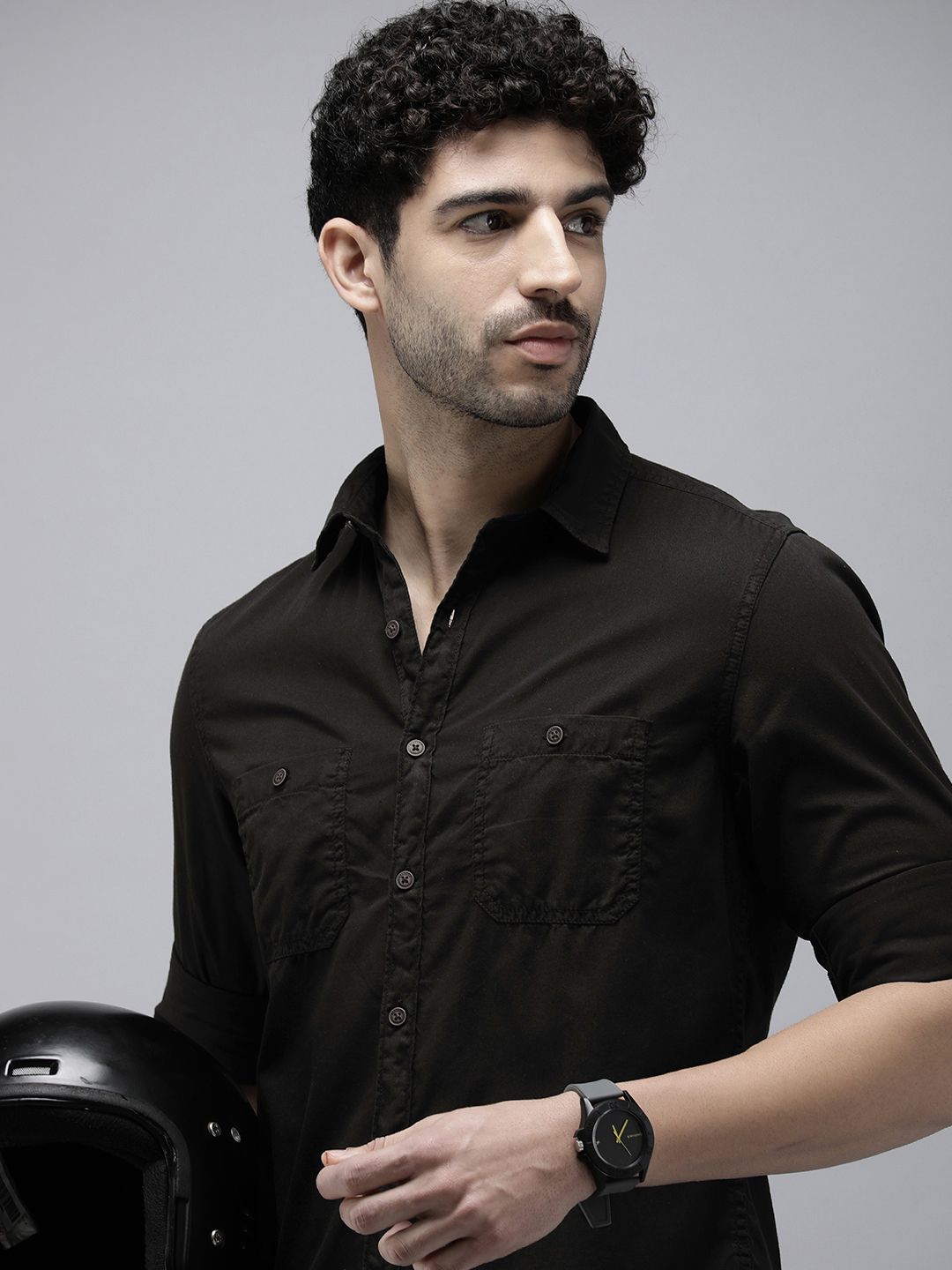 The Roadster Life Co. Pure Cotton Roll-Up Sleeves Solid Casual Shirt