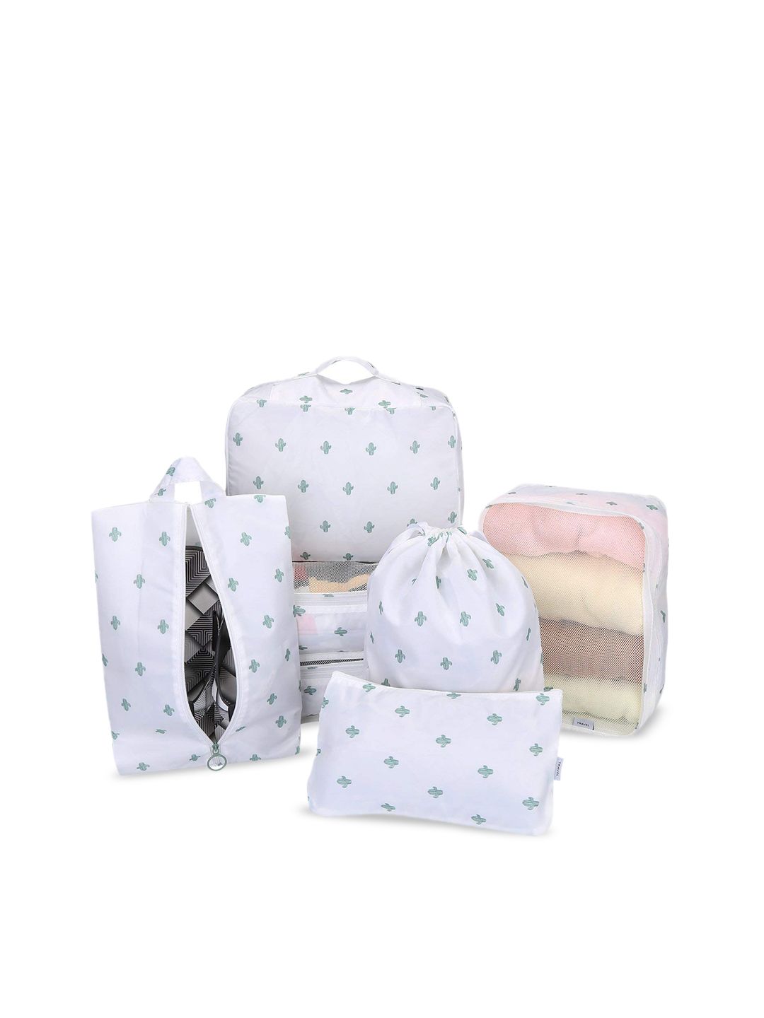 HOUSE OF QUIRK White & Green 7 Pcs Printed Packing Cubes With Pouch & Toiletry Bag-picture-38