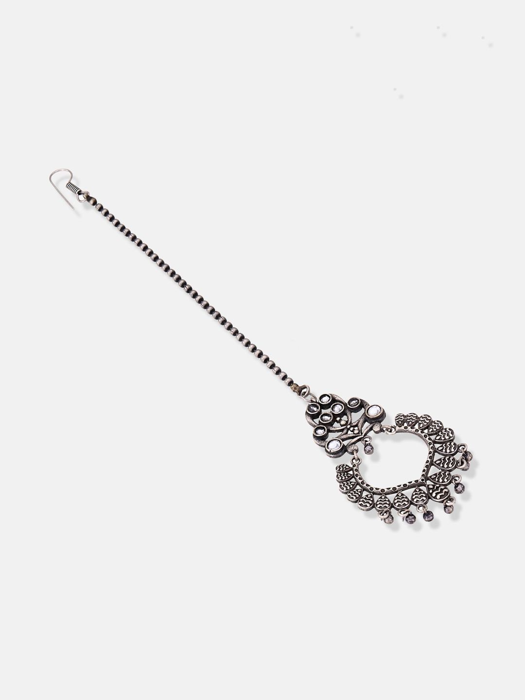 ATIBELLE Oxidized Silver-Plated Amethyst Studded & Beaded Maangtikka