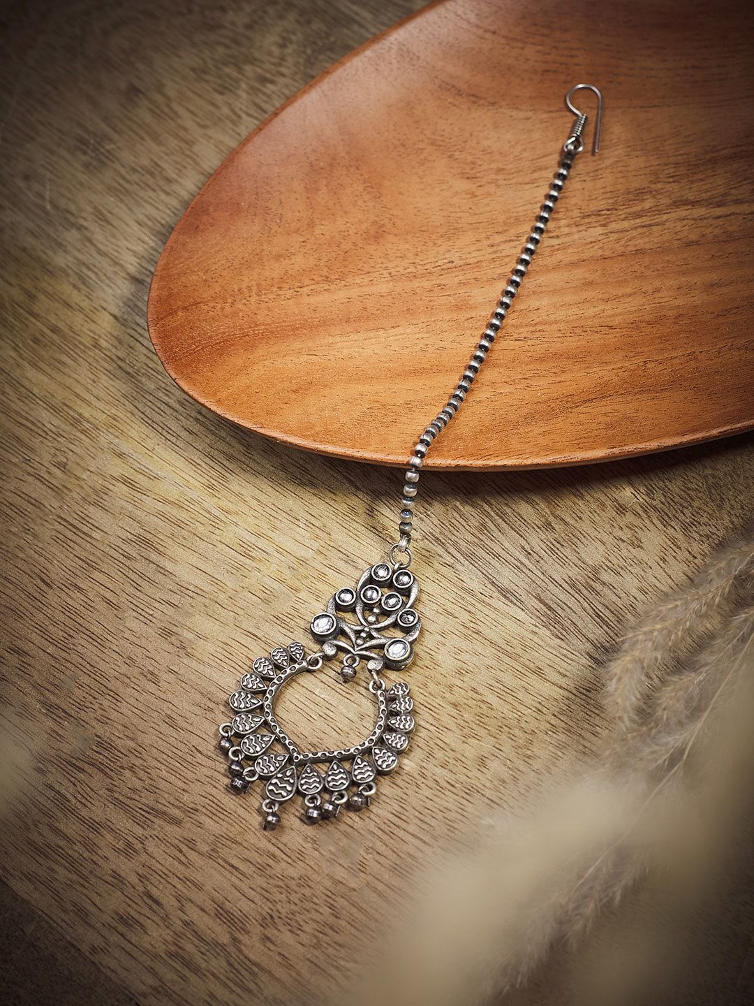 ATIBELLE Oxidized Silver-Plated Amethyst Studded & Beaded Maangtikka