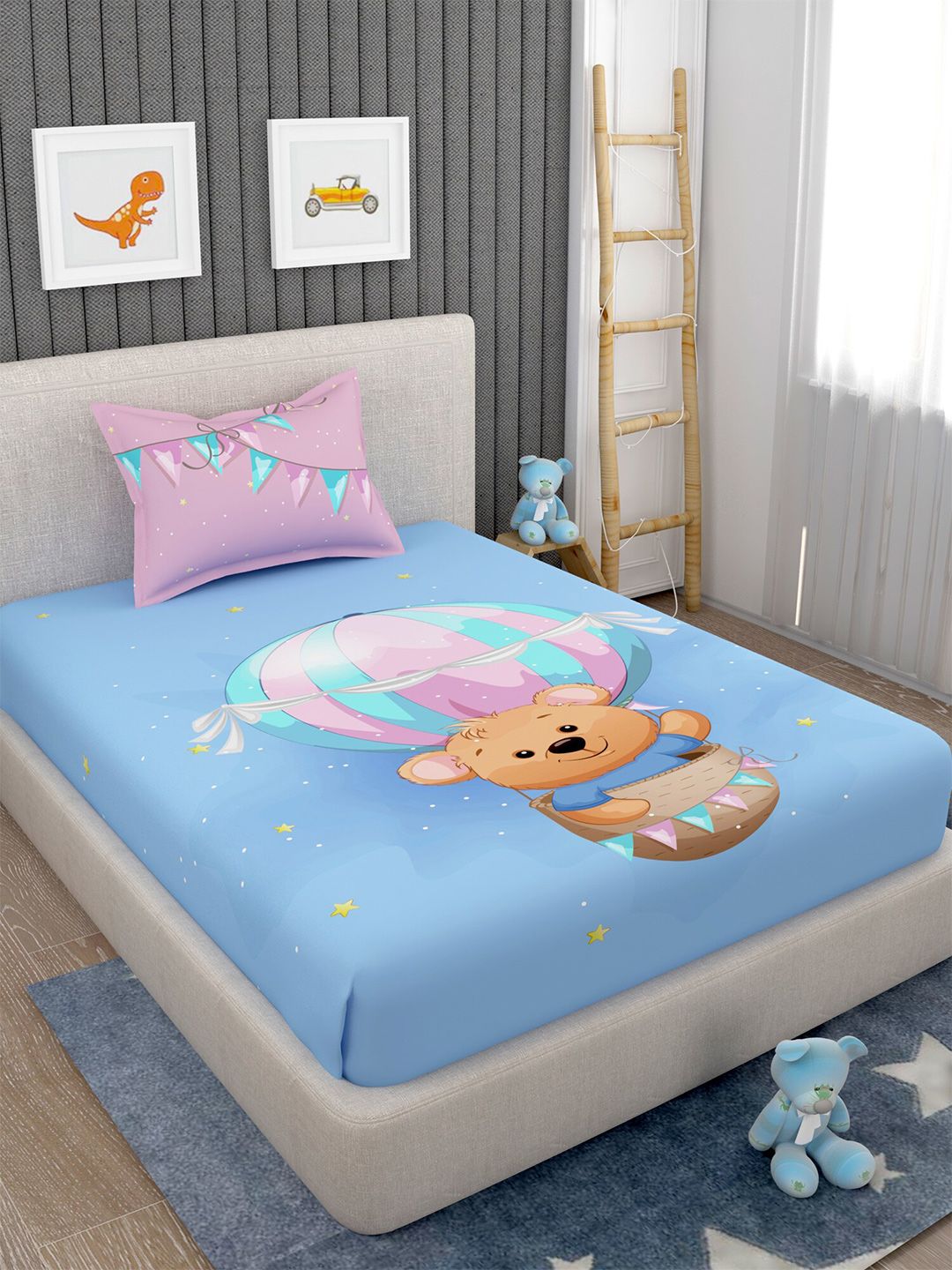 EverHOME Blue & Brown Conversational Printed 160 TC Flat Single Bedsheet & Pillow Cover-image-4