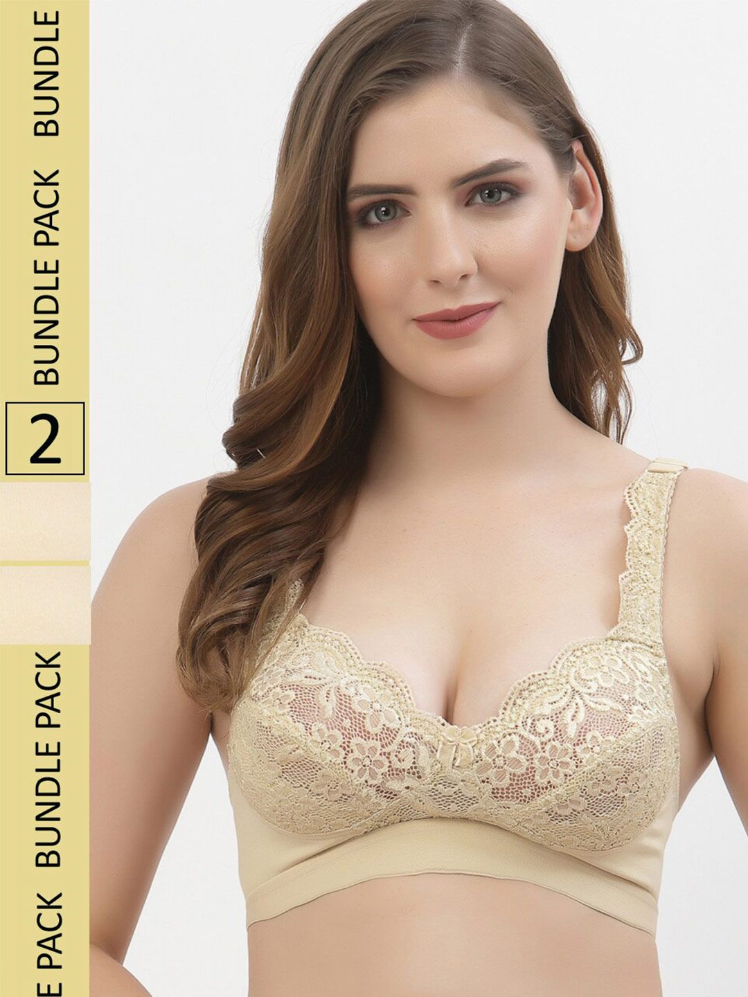 Floret Pack of 2 Non-Padded Non-Wired Lace Bra with Cotton Lining & Full Coverage Support