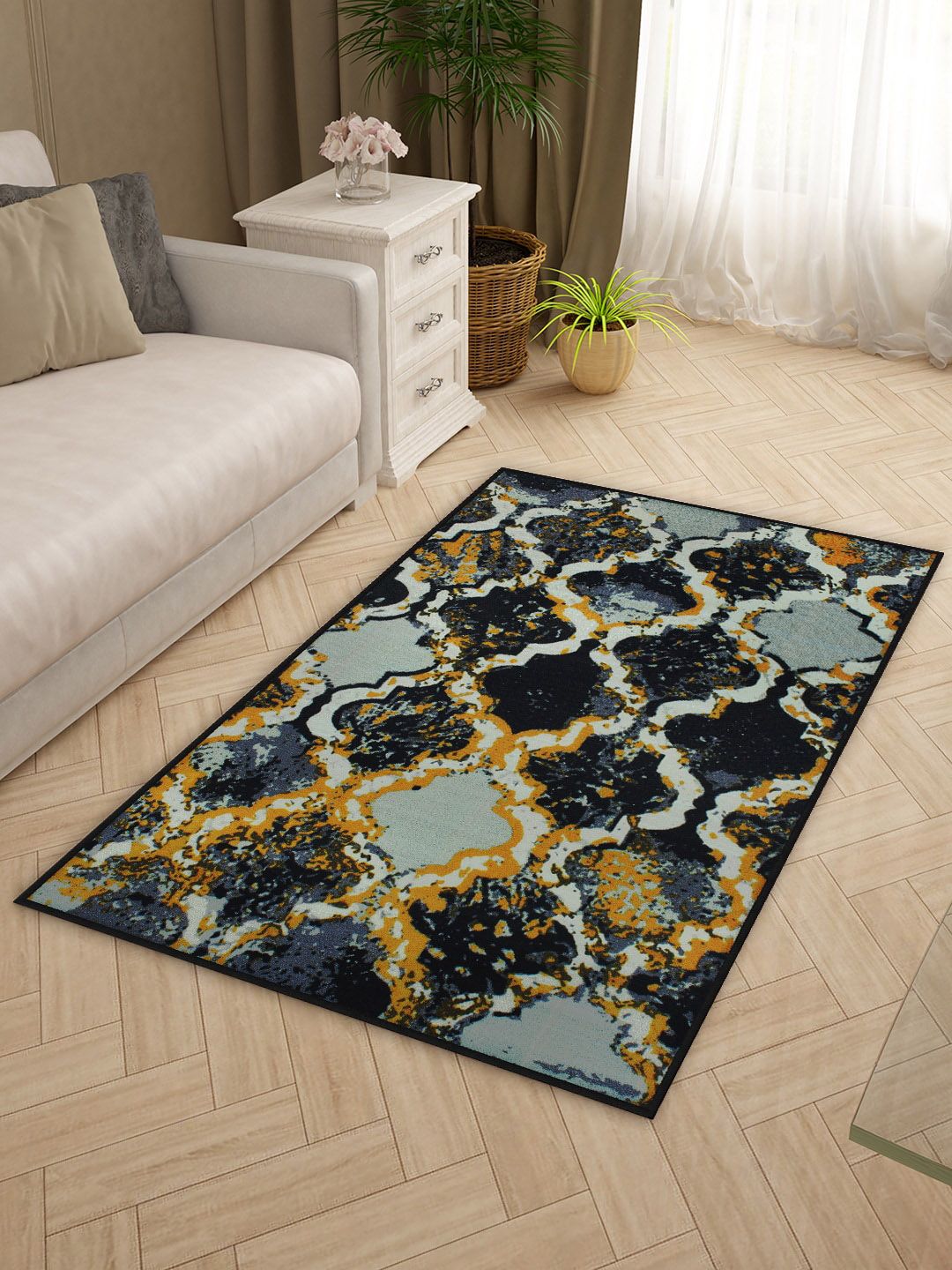 Story@home Blue & Mustard-Yellow Printed Anti-Skid Rectangular Floor Carpet-picture-31
