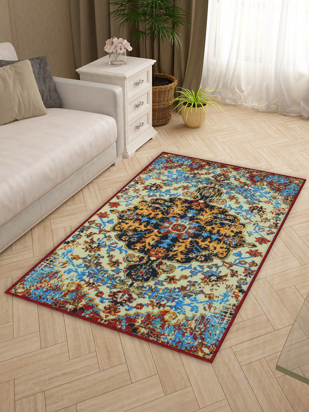 Story@home Blue & Maroon Printed Anti-Skid Rectangular Floor Carpet-image-44