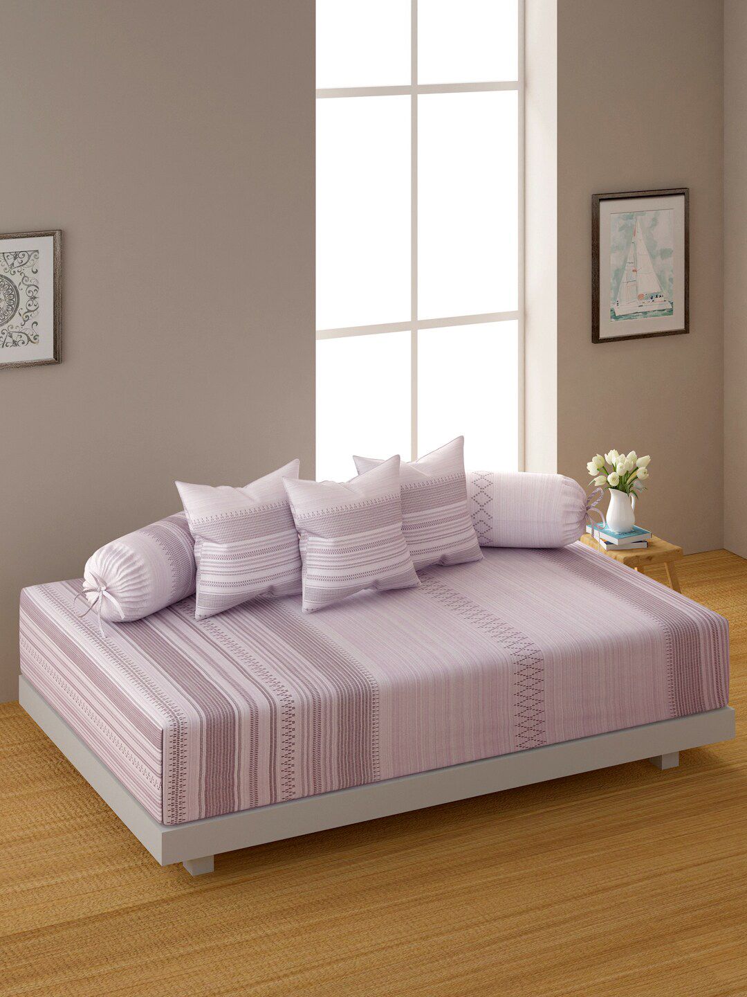 SWAYAM 6Pcs White & Purple Striped Cotton Diwan Set-image-17