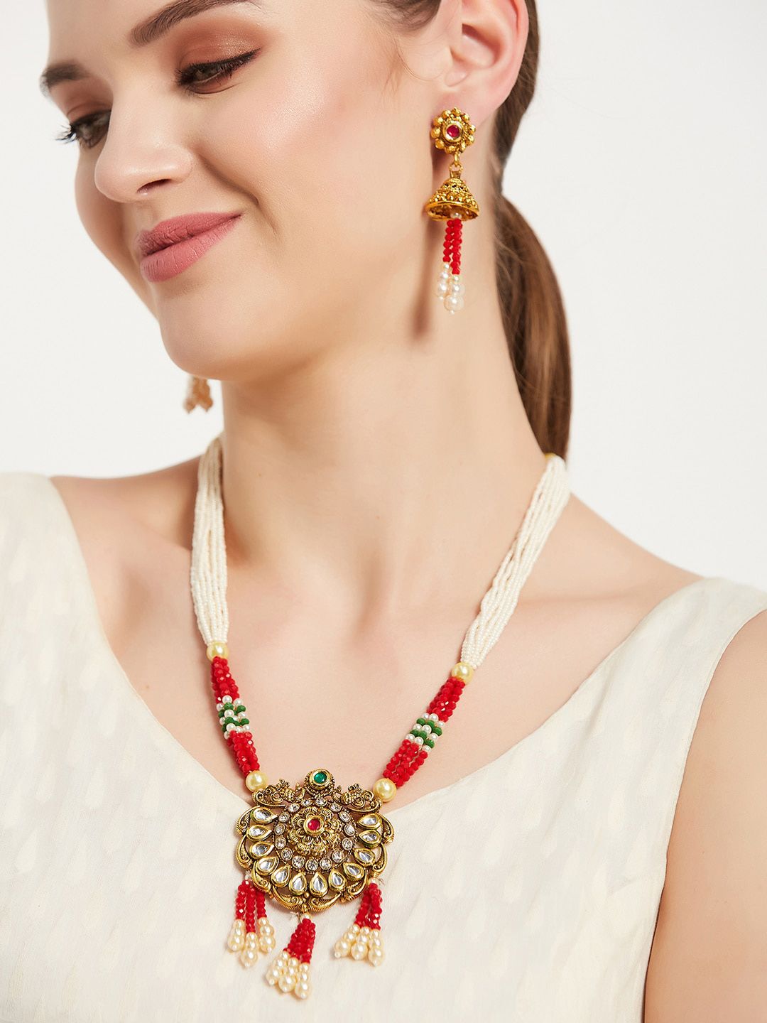 ATIBELLE Gold-Plated Kundan Studded & Beaded Necklace and Earrings