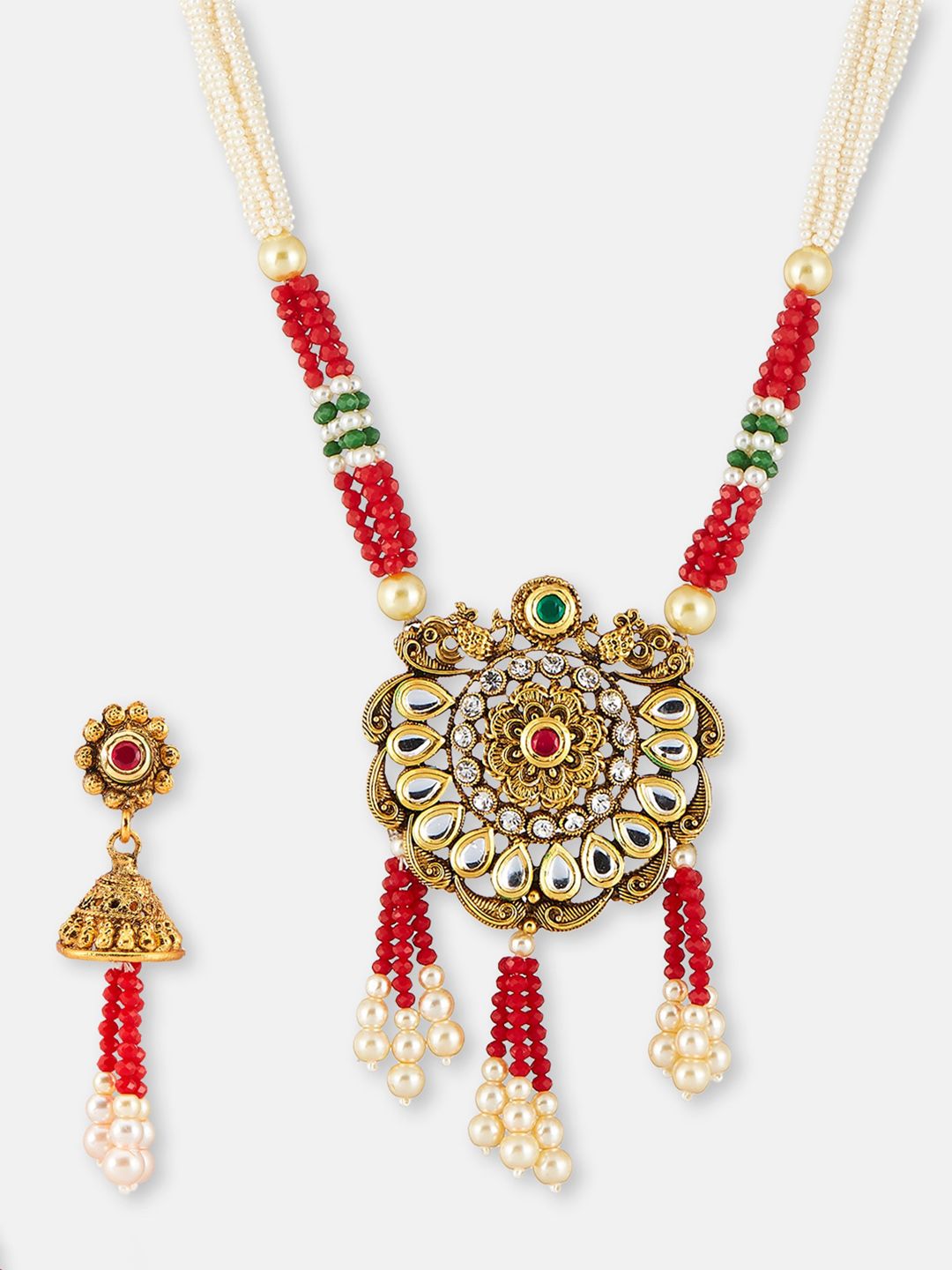 ATIBELLE Gold-Plated Kundan Studded & Beaded Necklace and Earrings