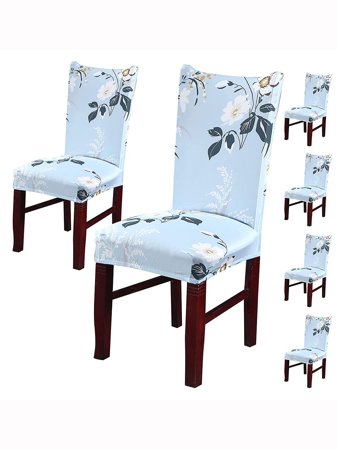 HOUSE OF QUIRK Turquoise Blue & White 6 Pcs Floral Printed Removable Chair Covers