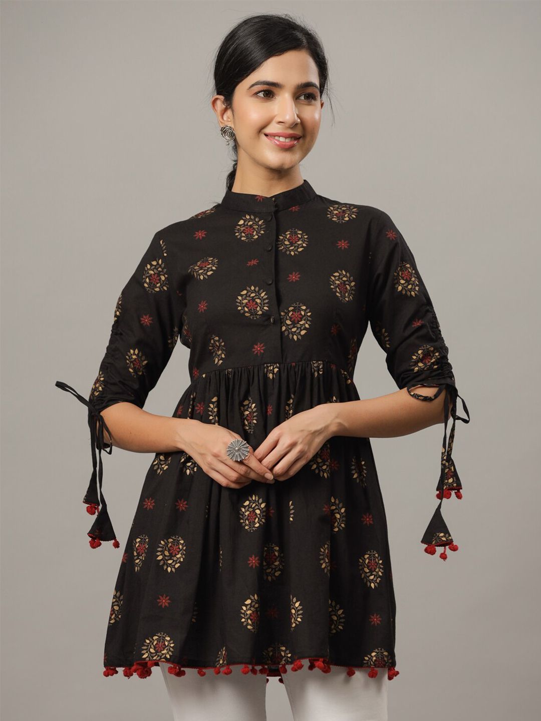 Indian Virasat Floral Printed Mandarin Collar Pure Cotton Empire Longline Top-picture-39